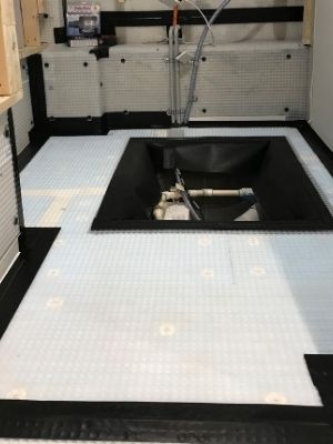Sump installed with floor membrane and floor drina